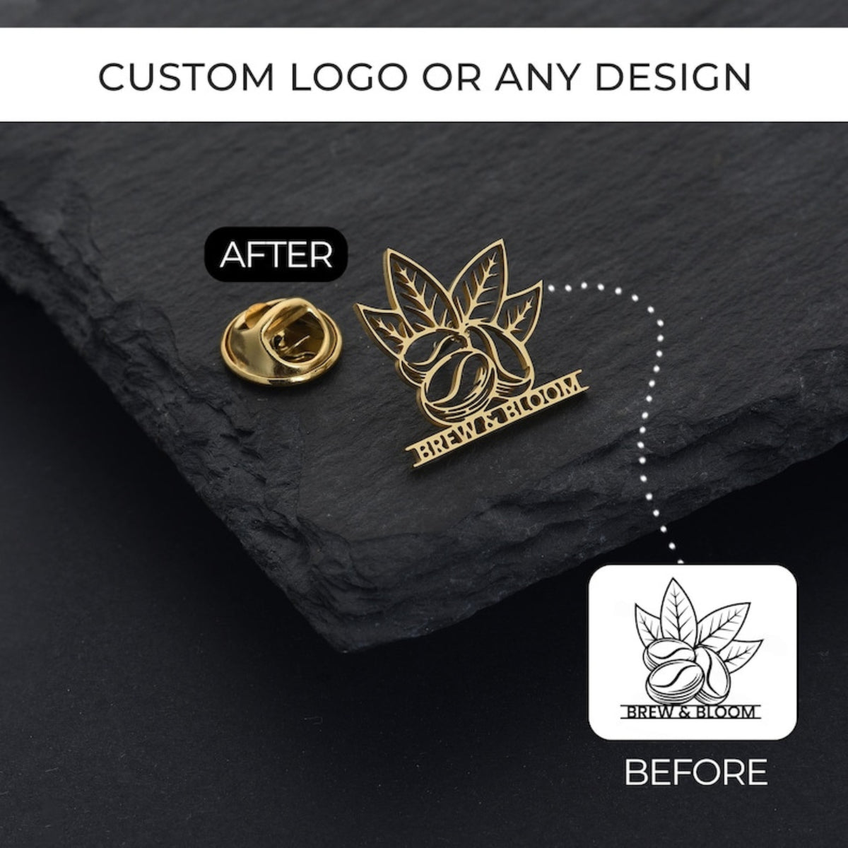 Custom gold logo brooch pin with company branding on dark slate