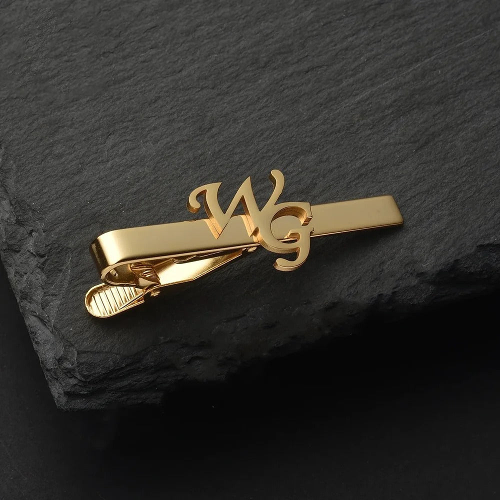 Custom tie clip on dress shirt and tie, worn view